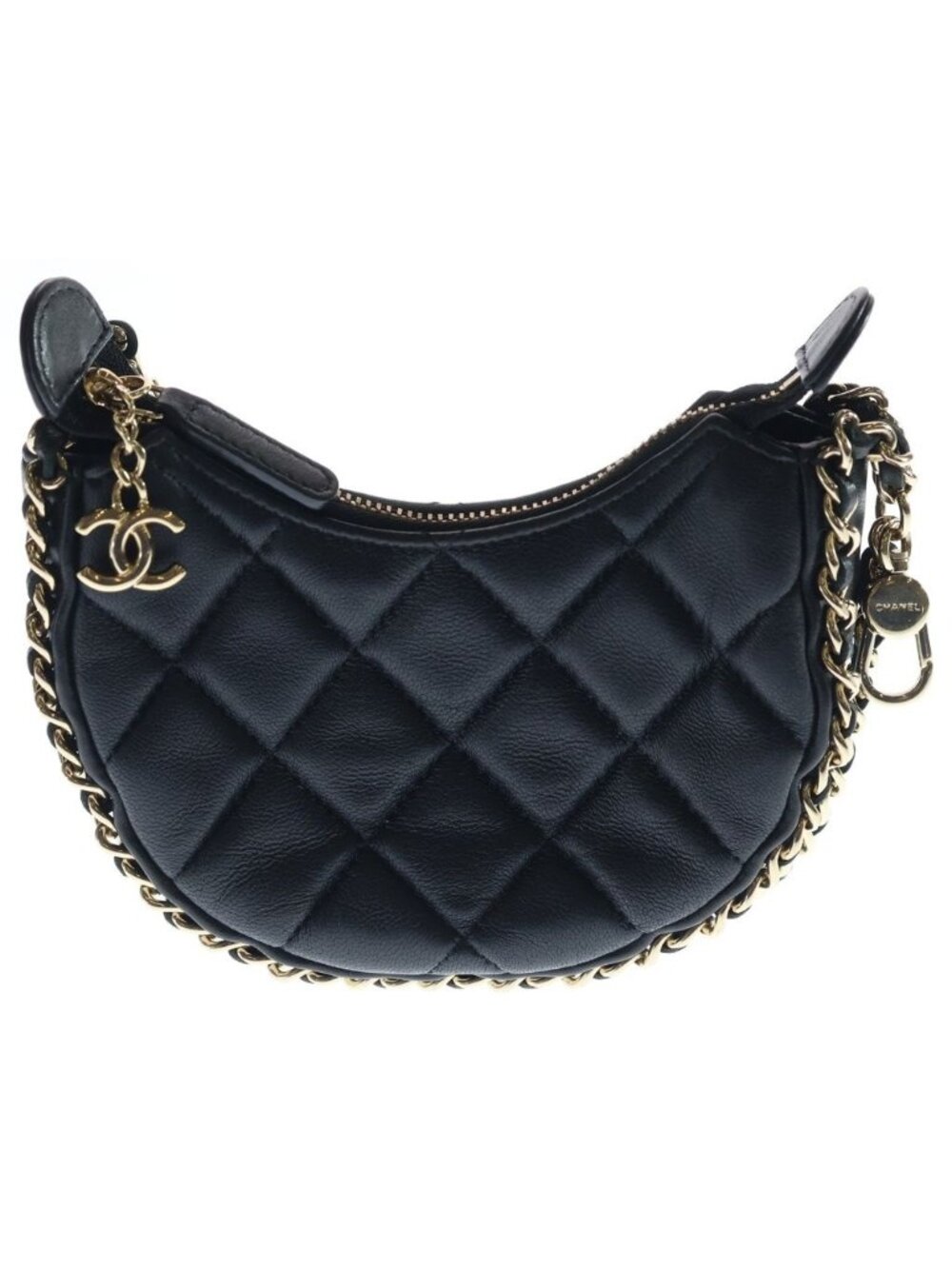 Chanel Quilted Hobo Back Chain Shoulder Mini Gold Lambskin Black